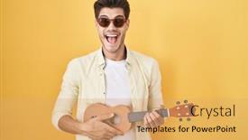  Presentation with ukulele - Slide set having young-hispanic-man-playing-ukulele background and a coral colored foreground