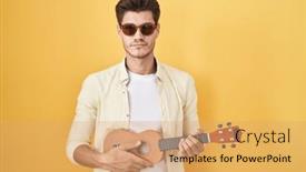  Presentation with ukulele - Presentation theme having young-hispanic-man-playing-ukulele background and a coral colored foreground