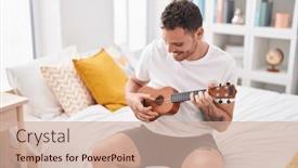  Presentation with ukulele - Presentation design with young-hispanic-man-playing-ukulele background and a soft green colored foreground