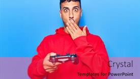  Presentation with controller - Colorful presentation enhanced with young-hispanic-man-playing-video backdrop and a red colored foreground