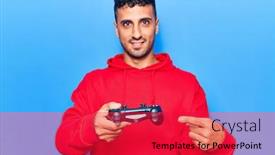  Presentation with controller - Cool new presentation design with young-hispanic-man-playing-video backdrop and a red colored foreground