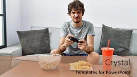 Presentation with video game - PPT theme with young-hispanic-man-playing-video background and a coral colored foreground