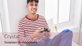  Presentation with video game - Presentation theme enhanced with young-hispanic-man-playing-video background and a coral colored foreground