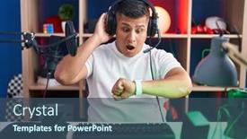  Presentation with video games playing - PPT theme enhanced with young-hispanic-man-playing-video background and a ocean colored foreground