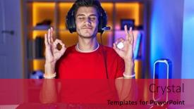  Presentation with video games playing - Slide set having young-hispanic-man-playing-video background and a crimson colored foreground