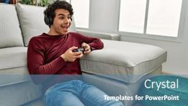  Presentation with video game - PPT theme enhanced with young-hispanic-man-playing-video background and a teal colored foreground