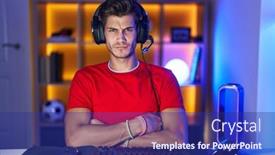  Presentation with video games playing - Presentation enhanced with young-hispanic-man-playing-video background and a navy blue colored foreground