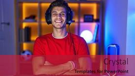  Presentation with kids video game addiction - PPT layouts featuring young-hispanic-man-playing-video background and a crimson colored foreground