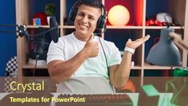  Presentation with video games playing - PPT theme featuring young-hispanic-man-playing-video background and a  colored foreground