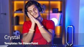  Presentation with video games playing - PPT theme with young-hispanic-man-playing-video background and a navy blue colored foreground