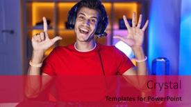  Presentation with video games playing - Presentation design enhanced with young-hispanic-man-playing-video background and a crimson colored foreground