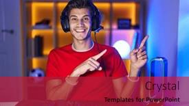  Presentation with video games playing - PPT layouts having young-hispanic-man-playing-video background and a crimson colored foreground