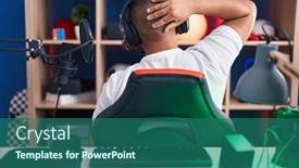  Presentation with video games playing - Presentation theme consisting of young-hispanic-man-playing-video background and a ocean colored foreground