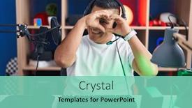  Presentation with video games playing - Slide set with young-hispanic-man-playing-video background and a  colored foreground