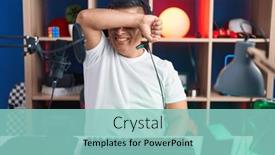  Presentation with video games playing - Slide deck consisting of young-hispanic-man-playing-video background and a  colored foreground