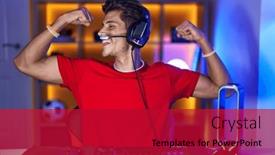  Presentation with video games playing - PPT layouts with young-hispanic-man-playing-video and a crimson colored foreground