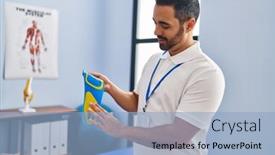  Presentation with physiotherapy and podiatry - Slides featuring young-hispanic-man-podiatrist-holding background and a light blue colored foreground