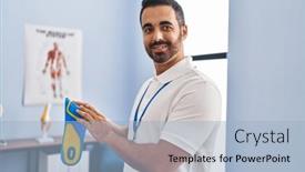  Presentation with physiotherapy and podiatry - Presentation enhanced with young-hispanic-man-podiatrist-holding background and a  colored foreground