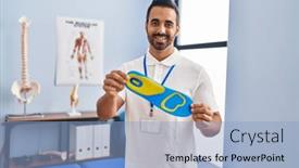  Presentation with physiotherapy and podiatry - Slide set featuring young-hispanic-man-podiatrist-holding background and a light blue colored foreground