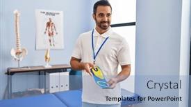 Presentation with physiotherapy and podiatry - Presentation featuring young-hispanic-man-podiatrist-holding background and a light blue colored foreground