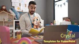  Presentation with story book - Theme enhanced with young-hispanic-man-preschool-teacher background and a tawny brown colored foreground