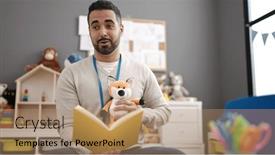  Presentation with story book - Slides enhanced with young-hispanic-man-preschool-teacher background and a coral colored foreground