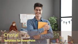  Presentation with preschool - Presentation theme having young-hispanic-man-preschool-teacher background and a violet colored foreground