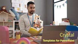  Presentation with story book - Presentation design having young-hispanic-man-preschool-teacher background and a tawny brown colored foreground