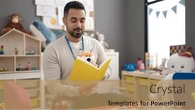  Presentation with story book - Presentation featuring young-hispanic-man-preschool-teacher background and a coral colored foreground