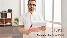  Presentation with report - Slide deck enhanced with young-hispanic-man-psychologist-reading background and a soft green colored foreground