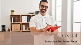  Presentation with psychology - Slide deck featuring young-hispanic-man-psychologist-writing background and a coral colored foreground