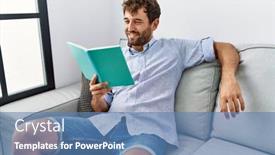  Presentation with reading - PPT theme with young-hispanic-man-reading-book background and a teal colored foreground