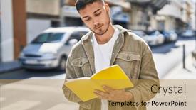  Presentation with book - Presentation theme enhanced with young-hispanic-man-reading-book and a yellow colored foreground
