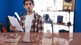  Presentation with attitude - Theme consisting of young-hispanic-man-reading-music background and a coral colored foreground