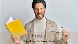  Presentation with book glasses - Colorful presentation theme enhanced with young-hispanic-man-reading backdrop and a coral colored foreground
