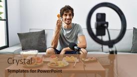  Presentation with recording - Presentation having young-hispanic-man-recording-eating background and a  colored foreground