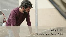  Presentation with motor - PPT theme with young-hispanic-man-repairing-motor background and a  colored foreground