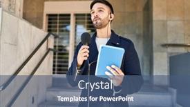  Presentation with hispanic - PPT theme consisting of young-hispanic-man-reporter-working background and a ocean colored foreground