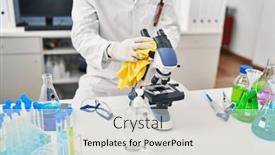  Presentation with microscope - Theme with young-hispanic-man-scientist-cleaning background and a light gray colored foreground