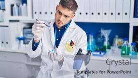  Presentation with scientist - Presentation theme enhanced with young-hispanic-man-scientist-holding background and a light blue colored foreground