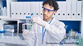  Presentation with tubes - Presentation design enhanced with young-hispanic-man-scientist-holding background and a light blue colored foreground