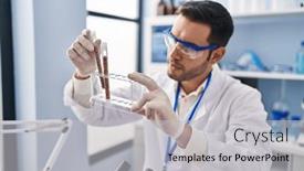  Presentation with tubes - PPT theme consisting of young-hispanic-man-scientist-holding background and a light gray colored foreground