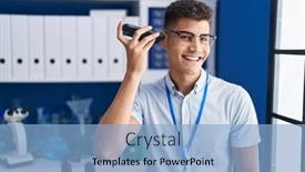  Presentation with audio - PPT theme consisting of young-hispanic-man-scientist-listening background and a light blue colored foreground