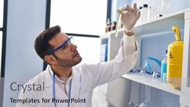  Presentation with test tube laboratory - Slide set having young-hispanic-man-scientist-looking background and a light gray colored foreground