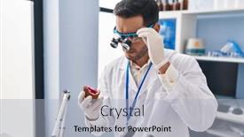  Presentation with man looking up happy - PPT theme consisting of young-hispanic-man-scientist-looking background and a light blue colored foreground