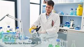  Presentation with microscope - Presentation theme featuring young-hispanic-man-scientist-smiling background and a light blue colored foreground