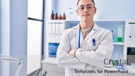  Presentation with scientist - PPT layouts with young-hispanic-man-scientist-smiling background and a light gray colored foreground