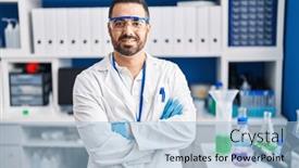  Presentation with scientist - PPT theme featuring young-hispanic-man-scientist-smiling background and a light blue colored foreground