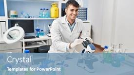  Presentation with microscope - Presentation theme having young-hispanic-man-scientist-smiling background and a teal colored foreground