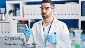  Presentation with speaking - PPT theme featuring young-hispanic-man-scientist-speaking background and a light blue colored foreground